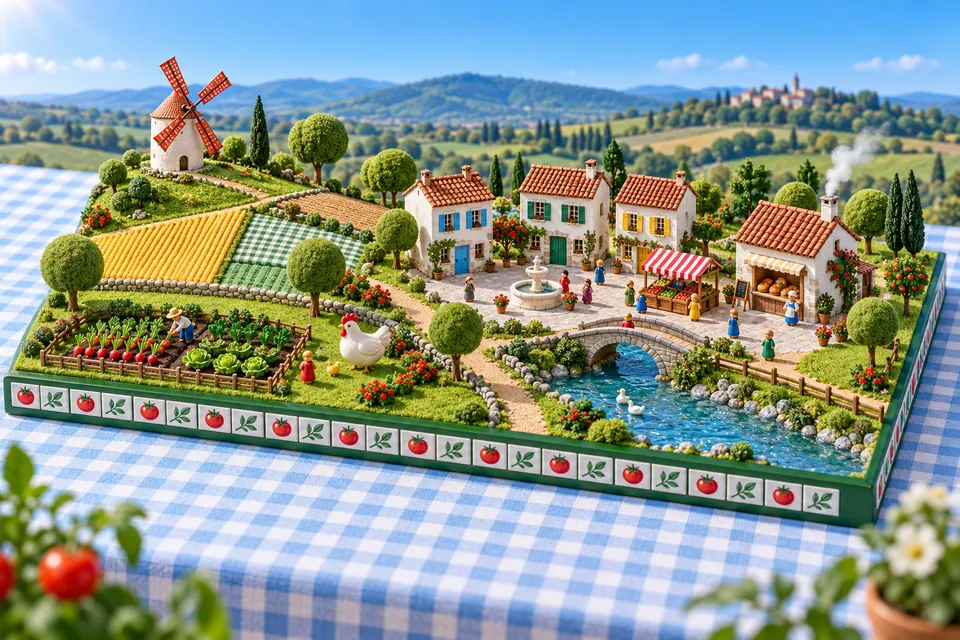 La vallée de FermeVallée posée comme une maquette : le potager, le moulin sur sa butte, le fournil et la place du village