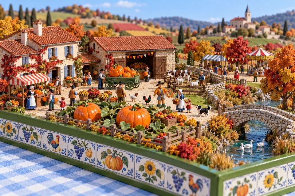 La vallée de FermeVallée assemblée en maquette sur une nappe vichy, en octobre : Le marché d’automne s’installe, entre potirons et confitures.