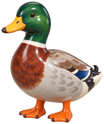Canard mâle debout de trois quarts, à tête verte, collier blanc, poitrine brun-roux et pattes orange