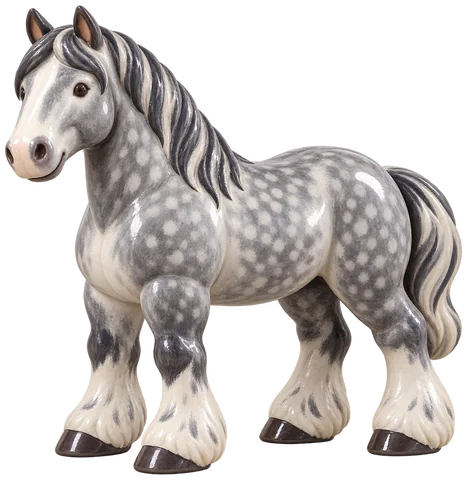 Cheval de trait gris, debout de trois quarts, au corps musclé, à l'encolure arquée et aux larges sabots