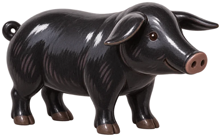 Cochon adulte entièrement noir, debout de trois quarts, au groin pointu et aux oreilles étroites horizontales