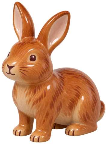 Lapin adulte au pelage fauve roux, assis de trois quarts, avec les oreilles dressées