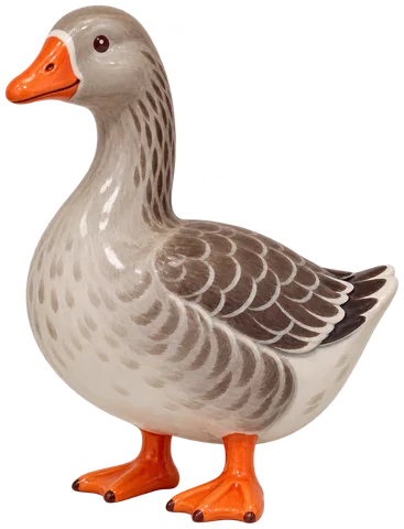 Oie au corps massif gris-brun et au ventre pâle, avec un bec et des pattes orange, debout de trois quarts