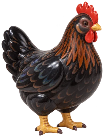 Poule au plumage noir brillant, aux plumes du cou cuivrées et à la crête rouge, debout de trois quarts
