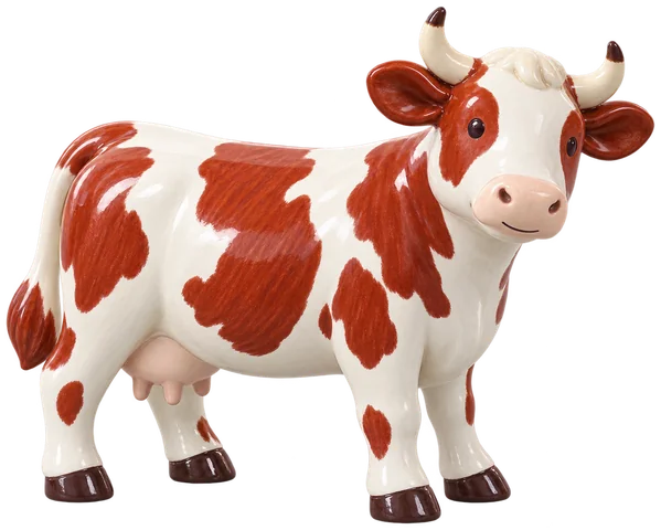 Vache adulte au pelage blanc à grandes taches rouges, debout de trois quarts, visible en entier