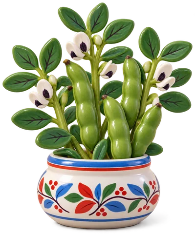 Tiges de féverole en faïence vernissée, avec des fleurs blanches tachées de noir et de grosses gousses vertes, dans un pot peint