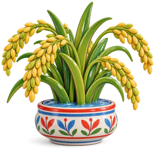 Touffe de riz aux longues feuilles et aux panicules de grains jaune vert qui retombent, dans un pot en faïence où brille un peu d'eau