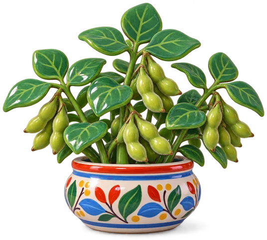 Petit buisson de soja aux feuilles en trois lobes et aux grappes de gousses vertes duveteuses, dans un pot en faïence peinte