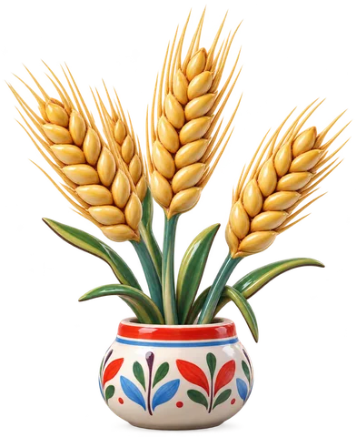Trois gros épis de triticale dorés aux longues barbes, sur des tiges vert bleuté, dans un petit pot en faïence peinte