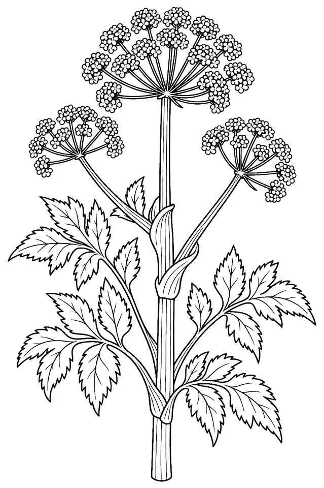 Coloriage de Angélique officinale : dessin au trait noir à colorier