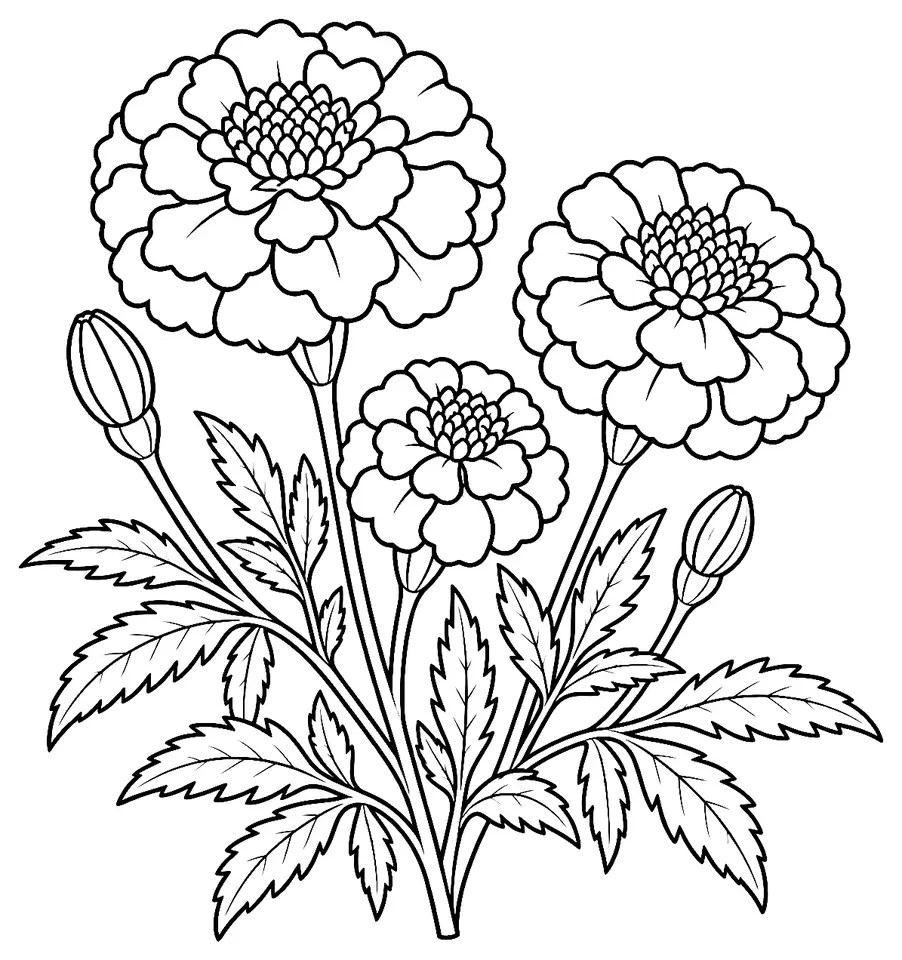 Coloriage de Tagète : dessin au trait noir à colorier