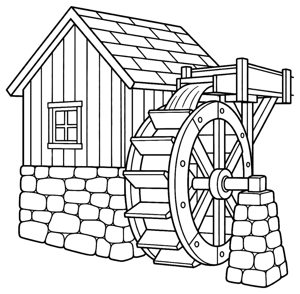 Coloriage de Moulin à eau : dessin au trait noir à colorier