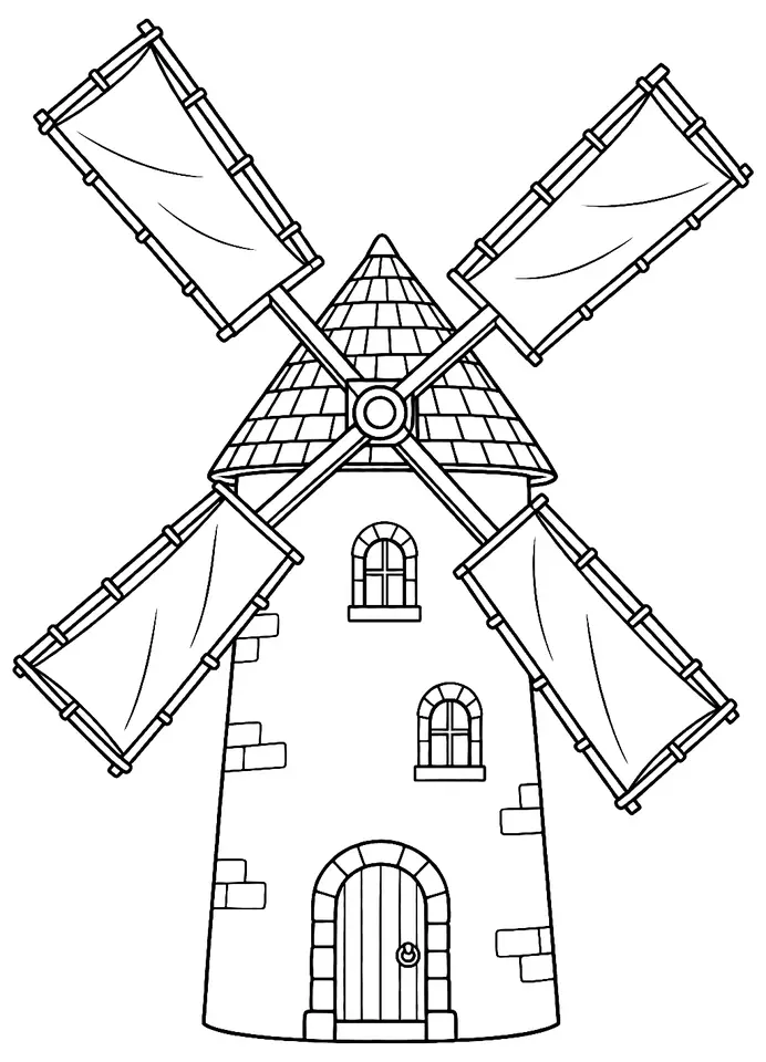 Coloriage de Moulin à vent : dessin au trait noir à colorier