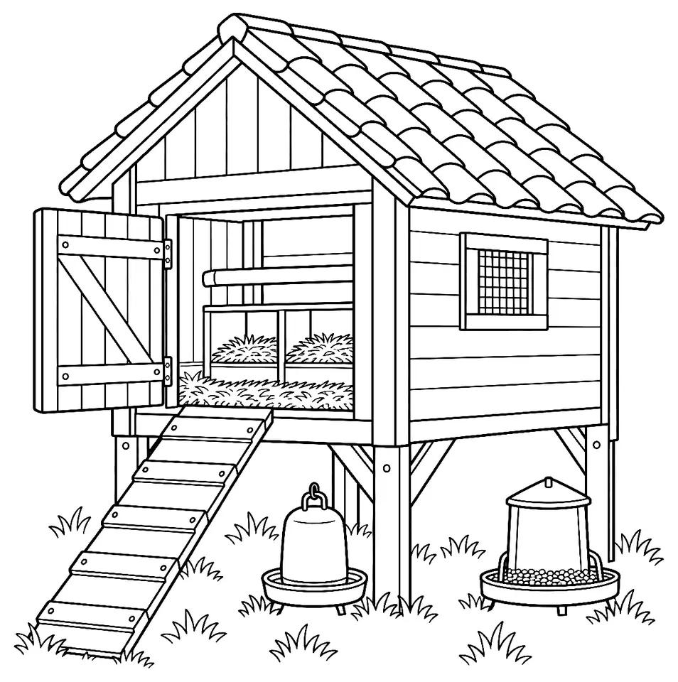 Coloriage de Poulailler : dessin au trait noir à colorier