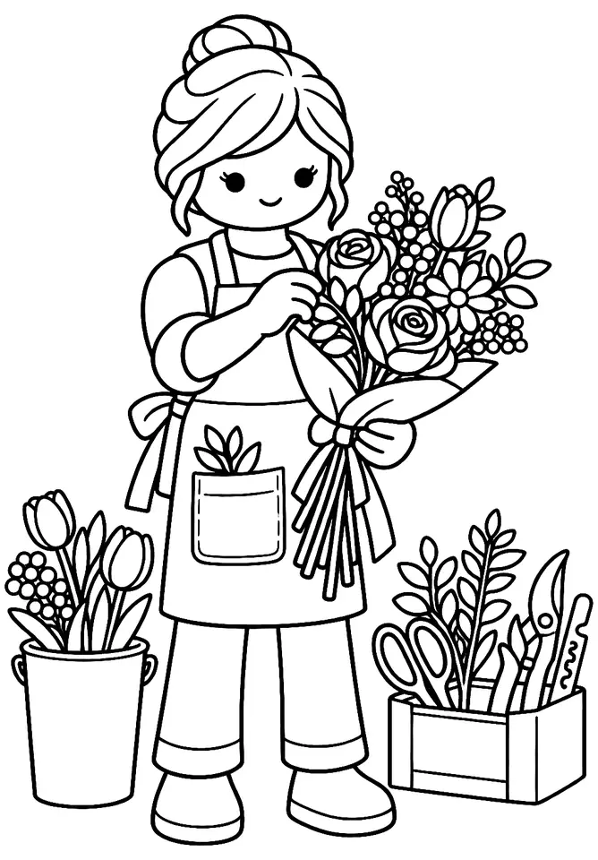 Coloriage de Fleuriste : dessin au trait noir à colorier
