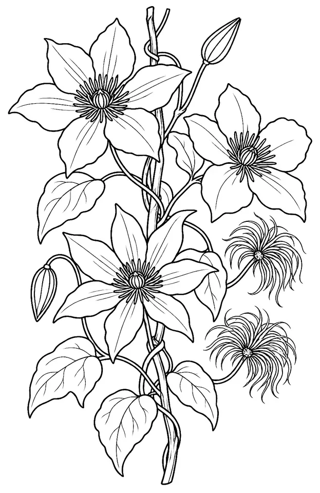 Coloriage de Clématite : dessin au trait noir à colorier