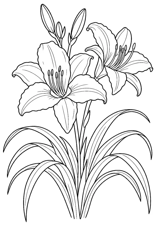Coloriage de Hémérocalle : dessin au trait noir à colorier