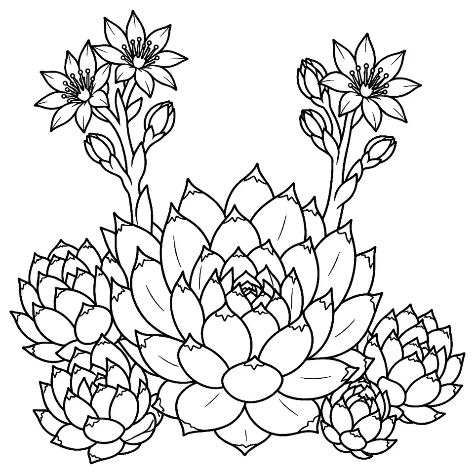 Coloriage de Joubarbe : dessin au trait noir à colorier
