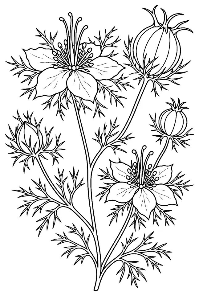Coloriage de Nigelle de Damas : dessin au trait noir à colorier