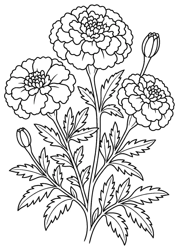 Coloriage de Œillet d’Inde : dessin au trait noir à colorier