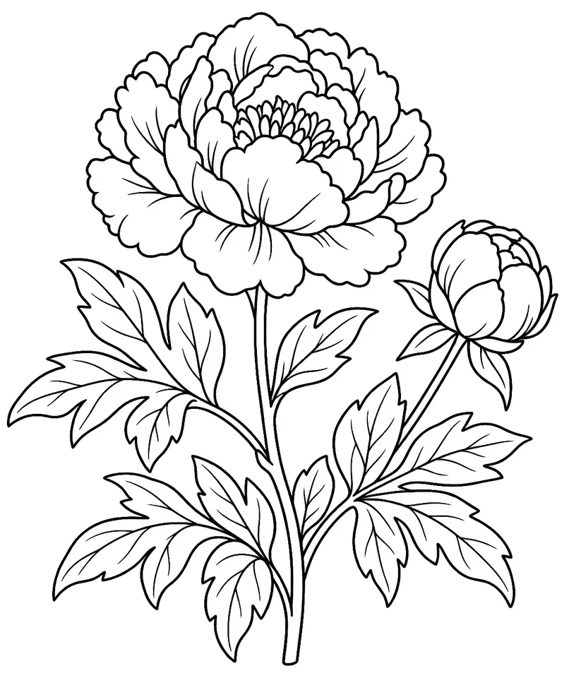 Coloriage de Pivoine : dessin au trait noir à colorier