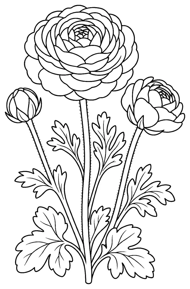 Coloriage de Renoncule des fleuristes : dessin au trait noir à colorier