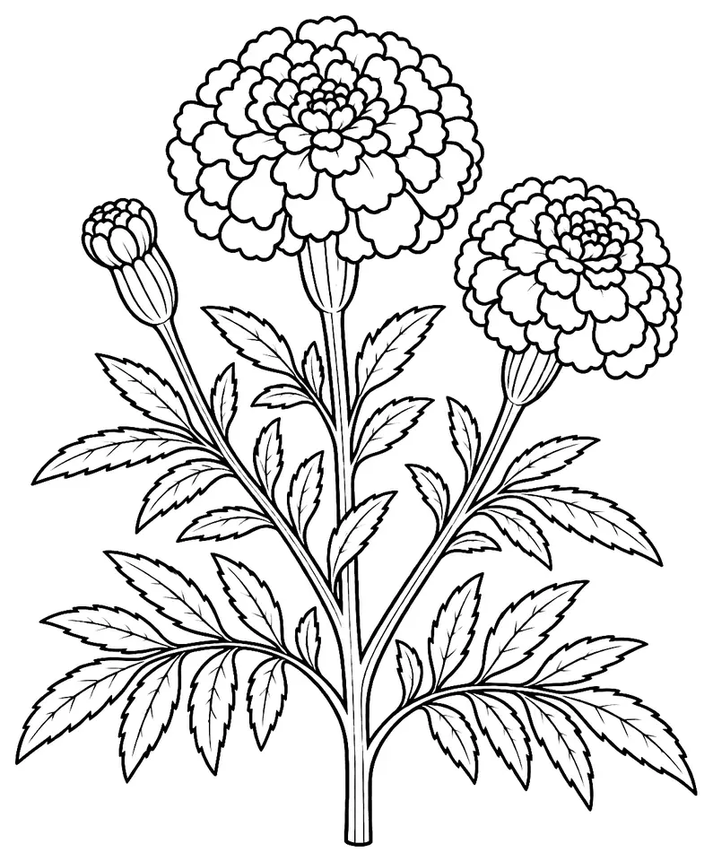 Coloriage de Rose d’Inde : dessin au trait noir à colorier