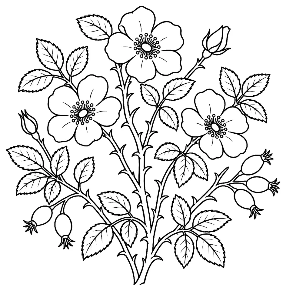 Coloriage de Églantier : dessin au trait noir à colorier