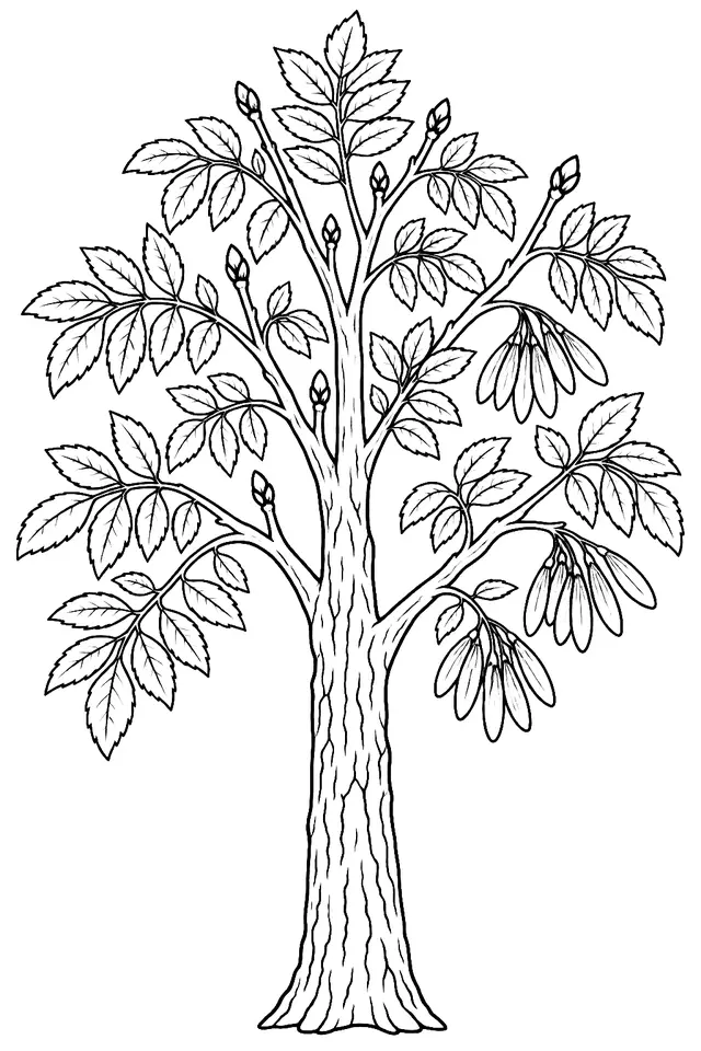 Coloriage de Frêne élevé : dessin au trait noir à colorier