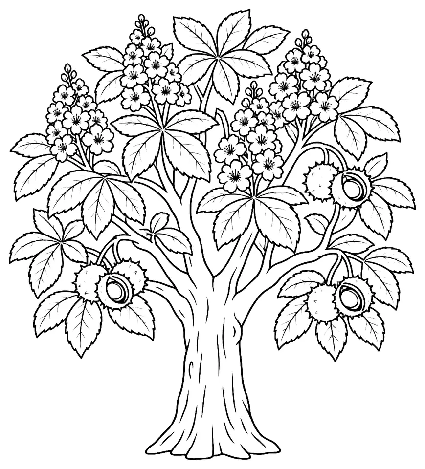 Coloriage de Marronnier d’Inde : dessin au trait noir à colorier