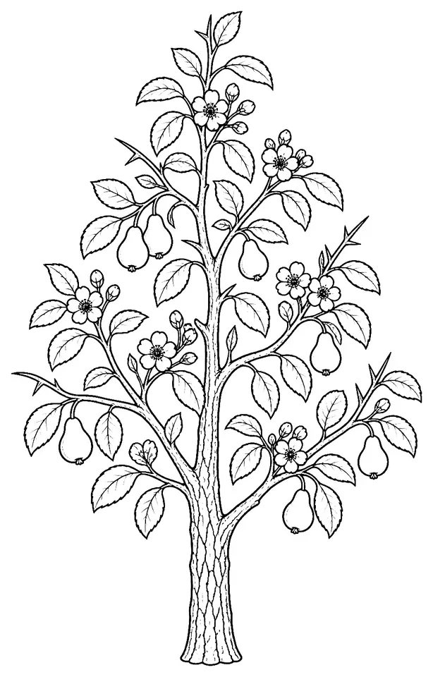 Coloriage de Poirier sauvage : dessin au trait noir à colorier