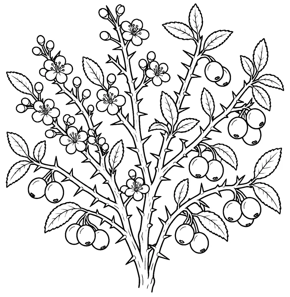 Coloriage de Prunellier (arbre ou arbuste) : dessin au trait noir à colorier