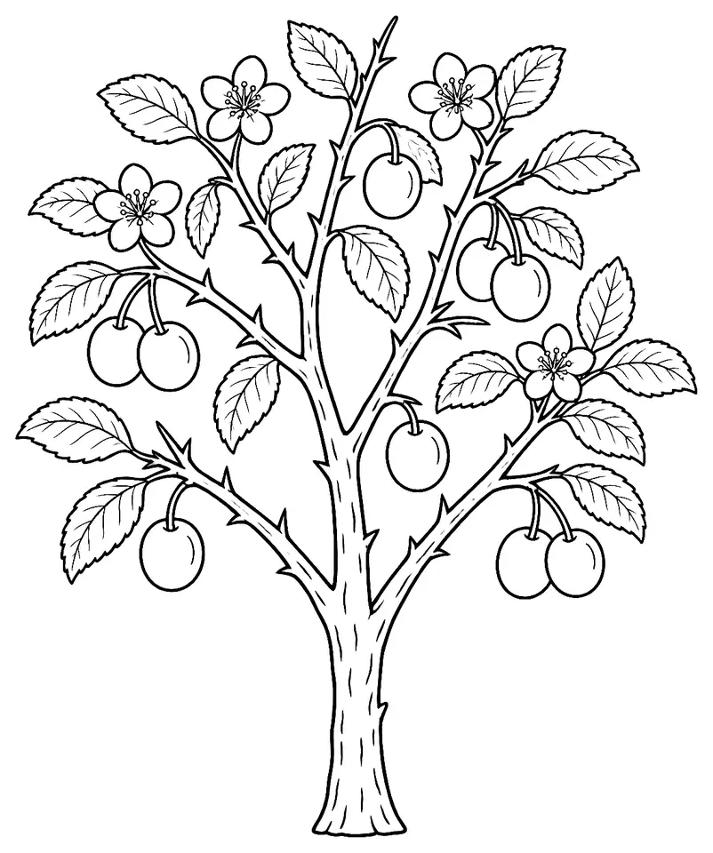 Coloriage de Prunier myrobolan : dessin au trait noir à colorier