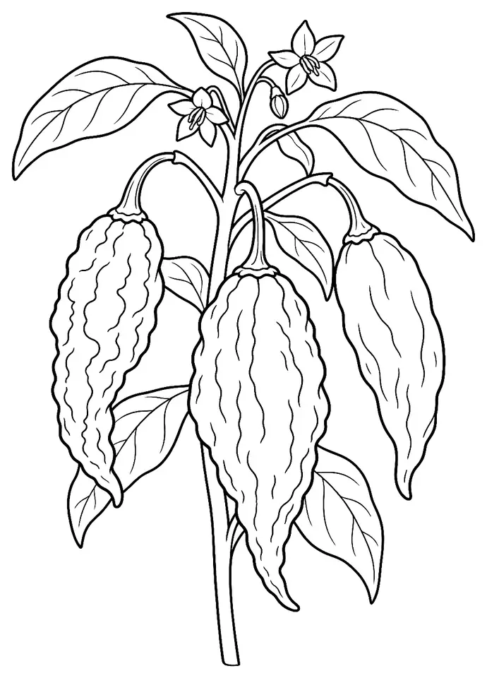 Coloriage de Bhut Jolokia (légume) : dessin au trait noir à colorier