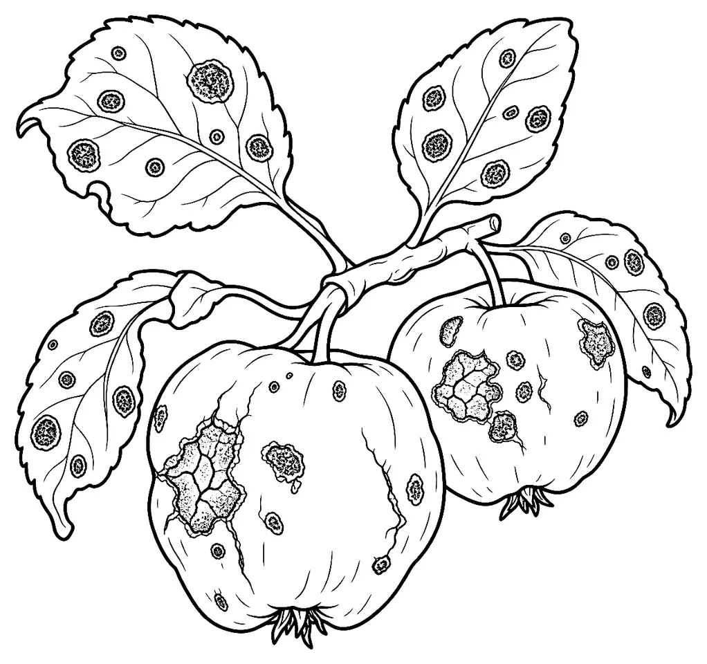 Coloriage de Tavelure du pommier : dessin au trait noir à colorier