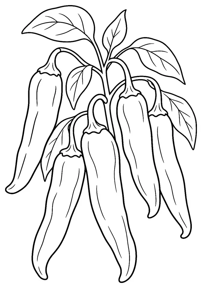 Coloriage de Piment du Nouveau-Mexique (piment ou poivron) : dessin au trait noir à colorier