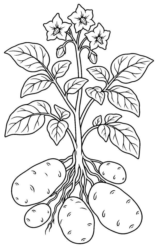 Coloriage de Pomme de terre (plante) : dessin au trait noir à colorier