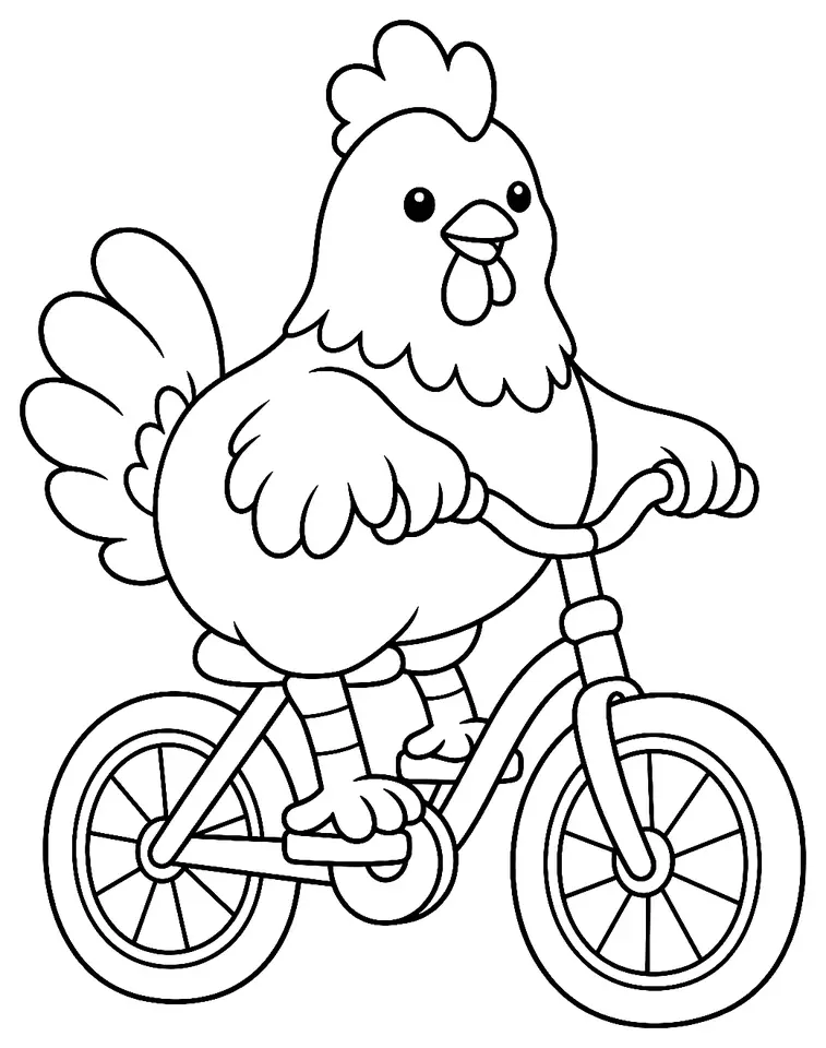 Coloriage de Poulet-bicyclette : dessin au trait noir à colorier