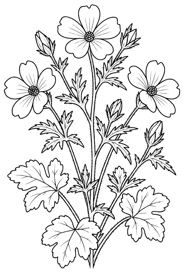 Coloriage de Mauve musquée (plante des prairies) : dessin au trait noir à colorier