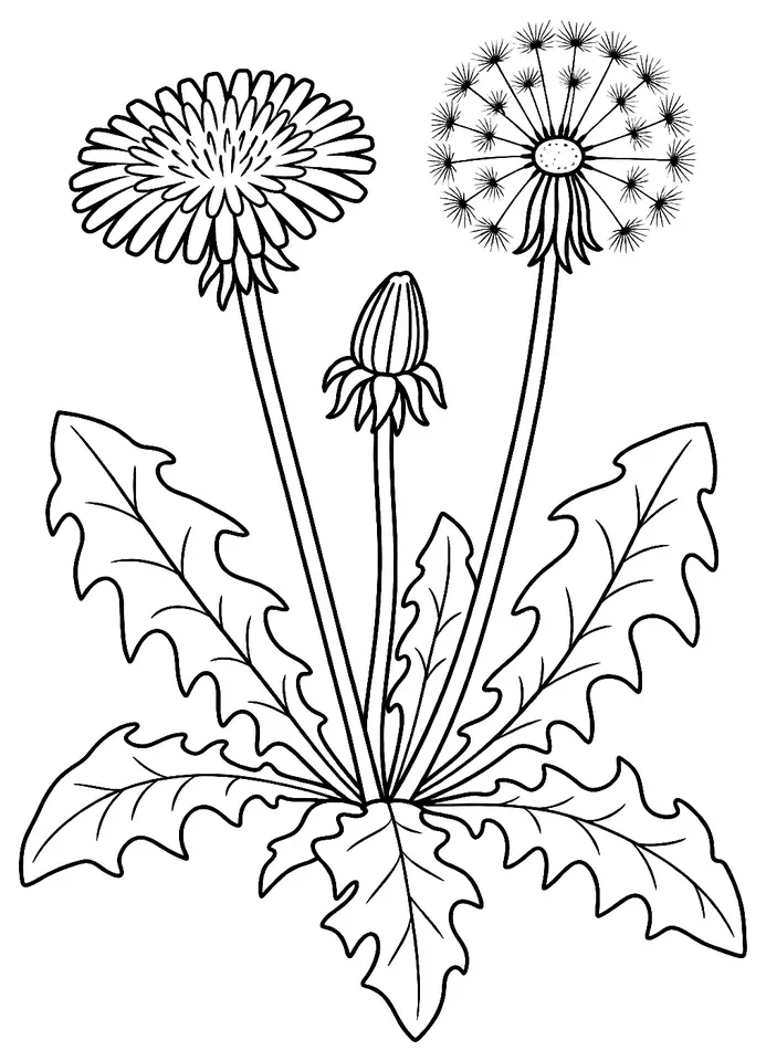 Coloriage de Pissenlit : dessin au trait noir à colorier