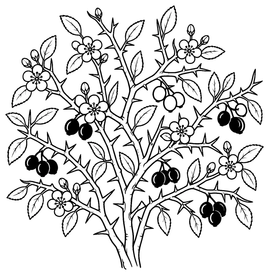 Coloriage de Prunellier (plante des prairies) : dessin au trait noir à colorier