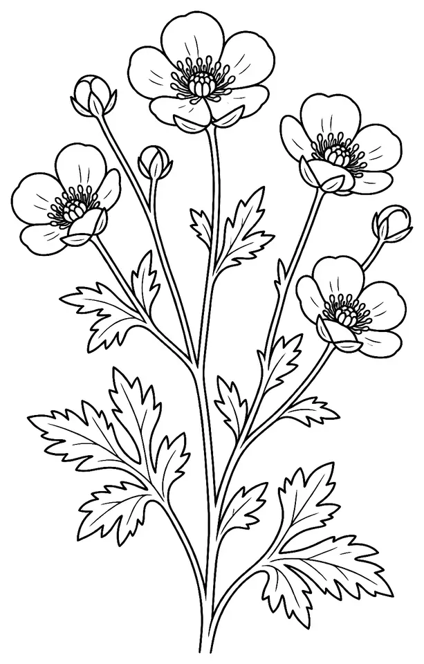 Coloriage de Renoncule âcre : dessin au trait noir à colorier