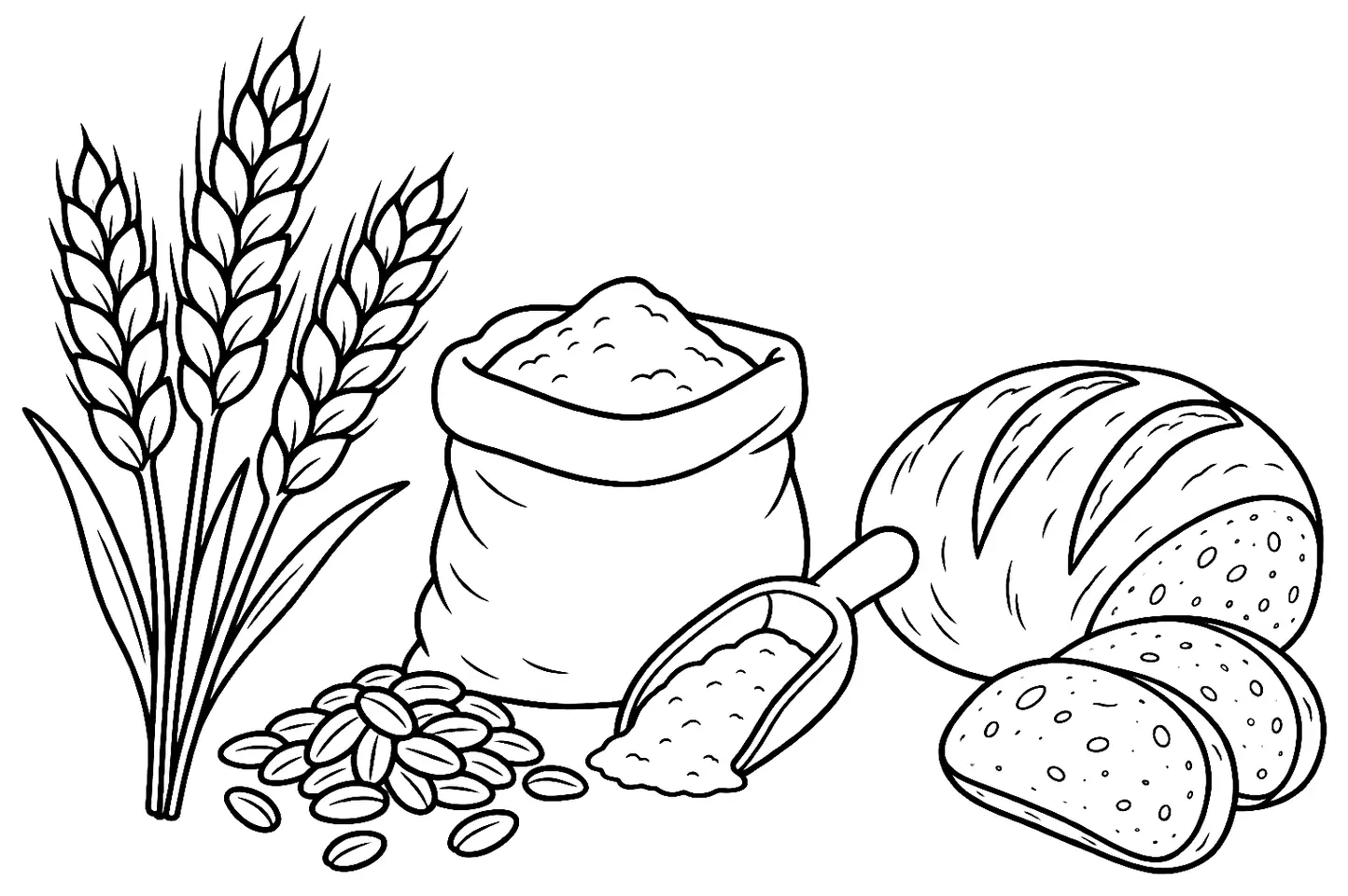 Coloriage de Du blé au pain : dessin au trait noir à colorier