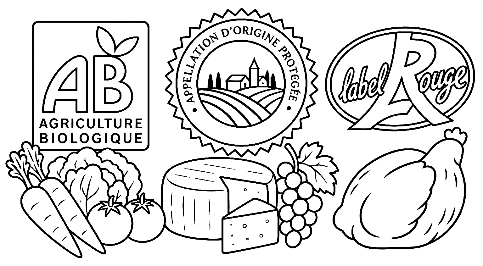 Coloriage de Les labels de la ferme (AB, AOP, Label rouge) : dessin au trait noir à colorier