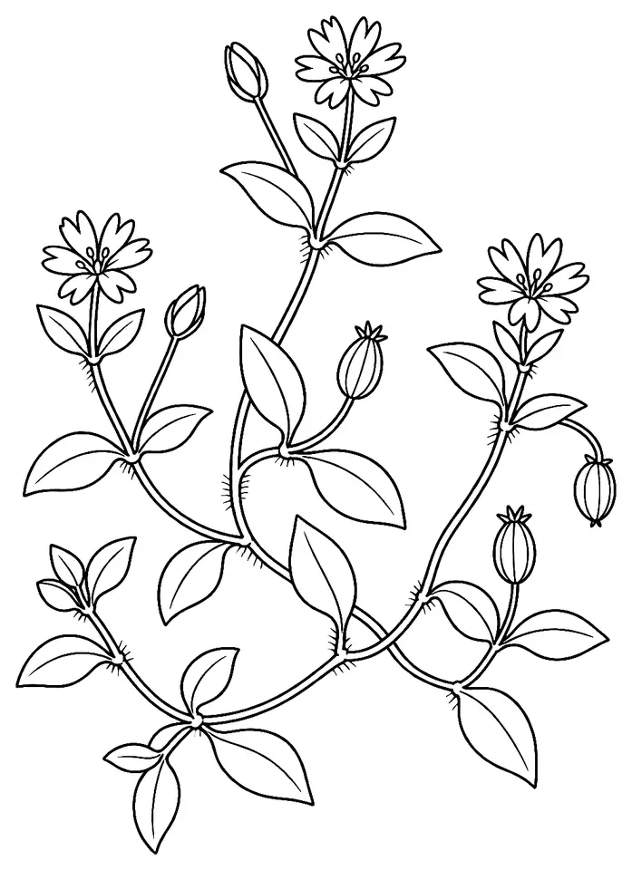 Coloriage de Mouron des oiseaux : dessin au trait noir à colorier