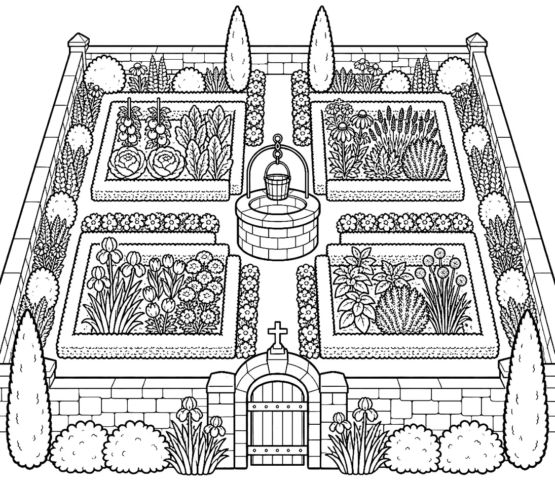 Coloriage de Jardin de curé : dessin au trait noir à colorier