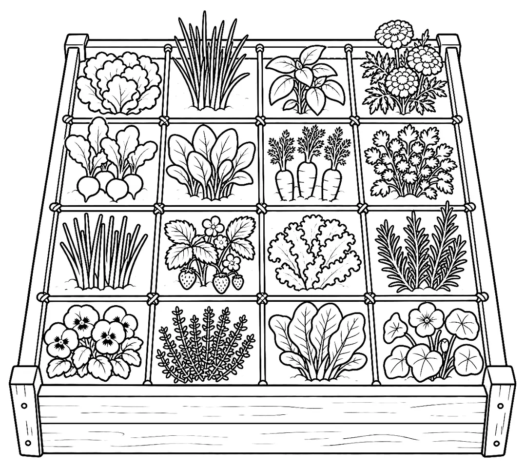 Coloriage de Jardin en carré : dessin au trait noir à colorier