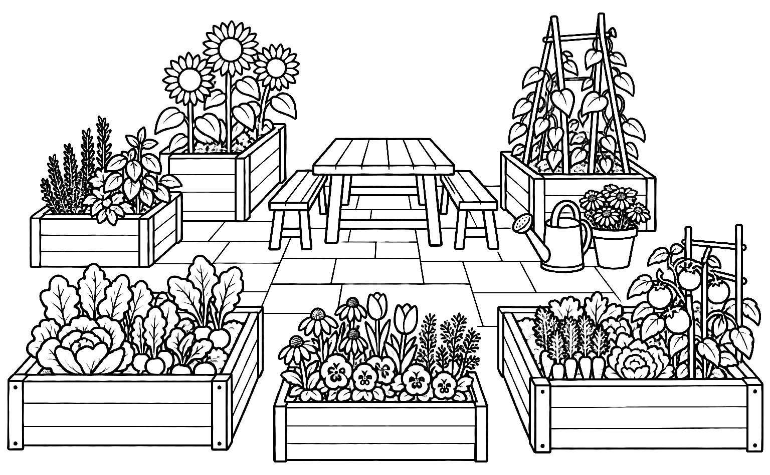Coloriage de Jardin partagé : dessin au trait noir à colorier