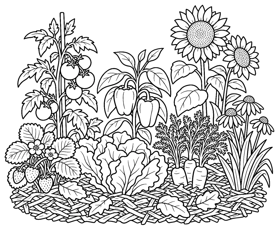 Coloriage de Jardinage biologique : dessin au trait noir à colorier