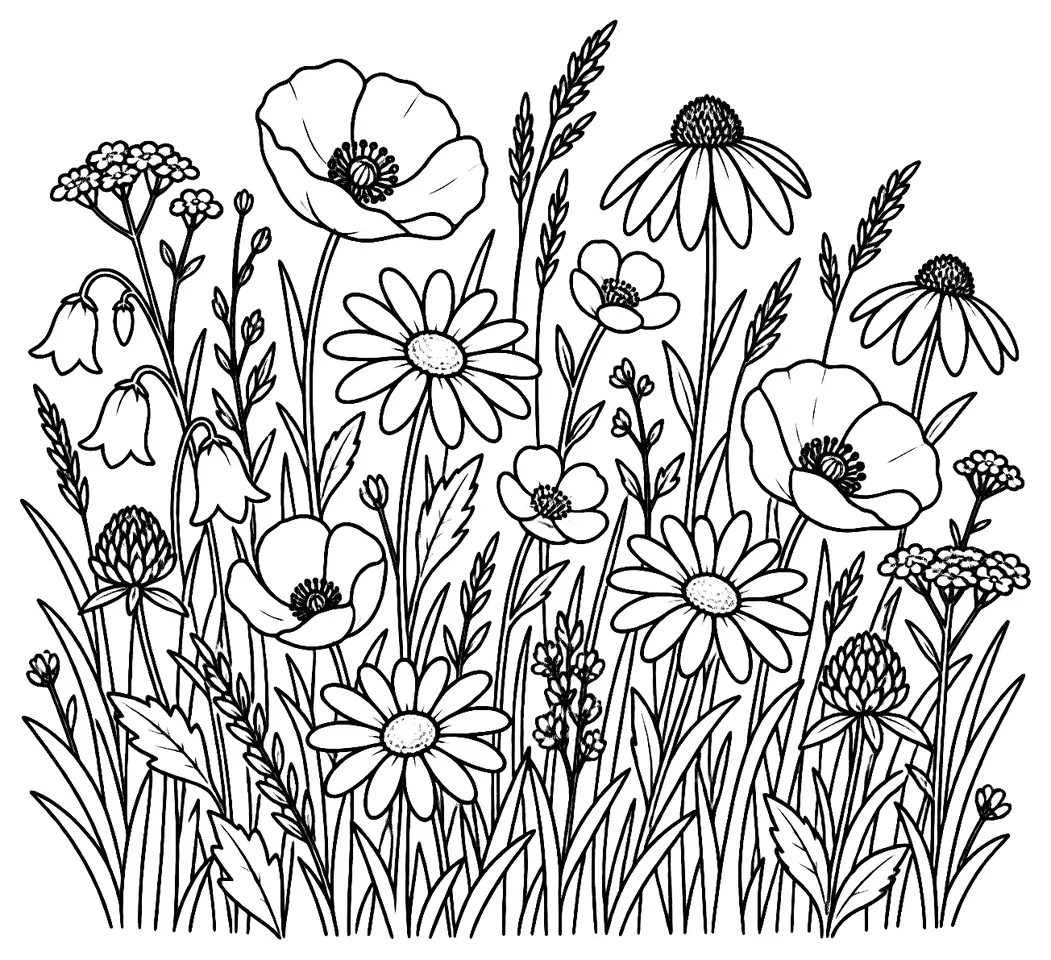 Coloriage de Prairie fleurie : dessin au trait noir à colorier
